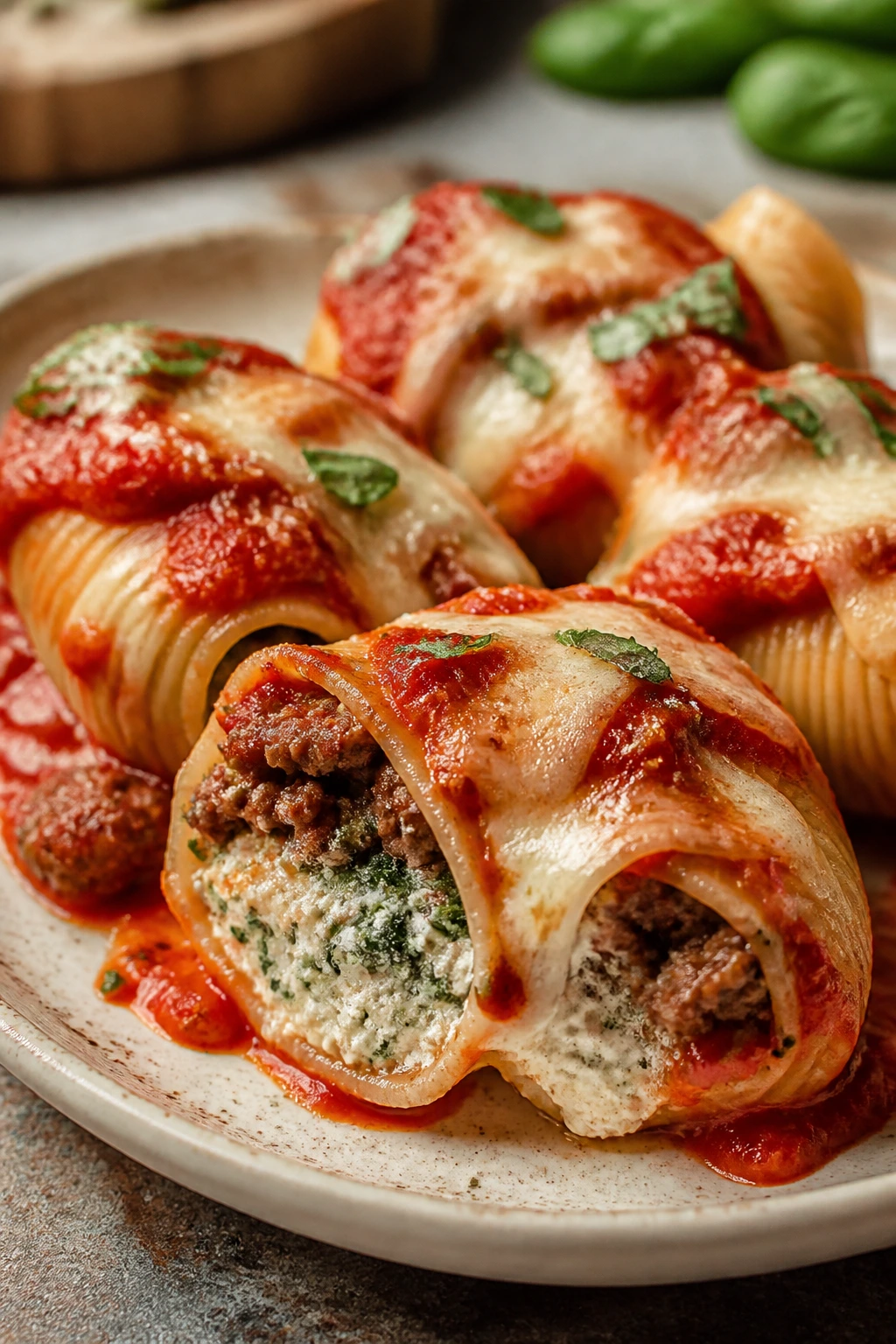 Stuffed shells with beef ricotta filling and marinara sauce