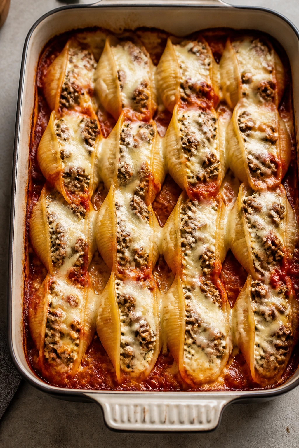 Overhead view of stuffed shells in marinara sauce.