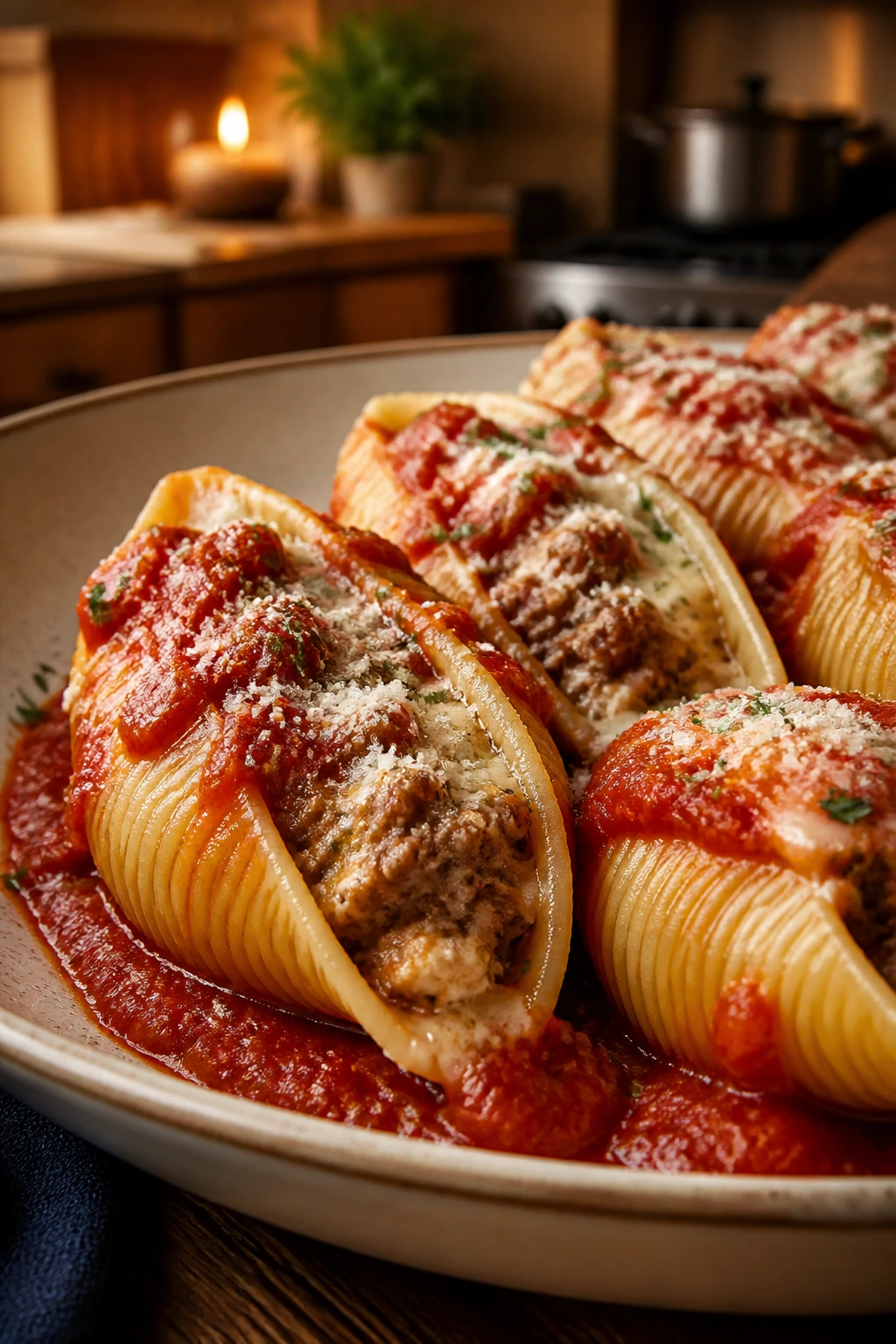 Stuffed beef shells on plate with marinara sauce