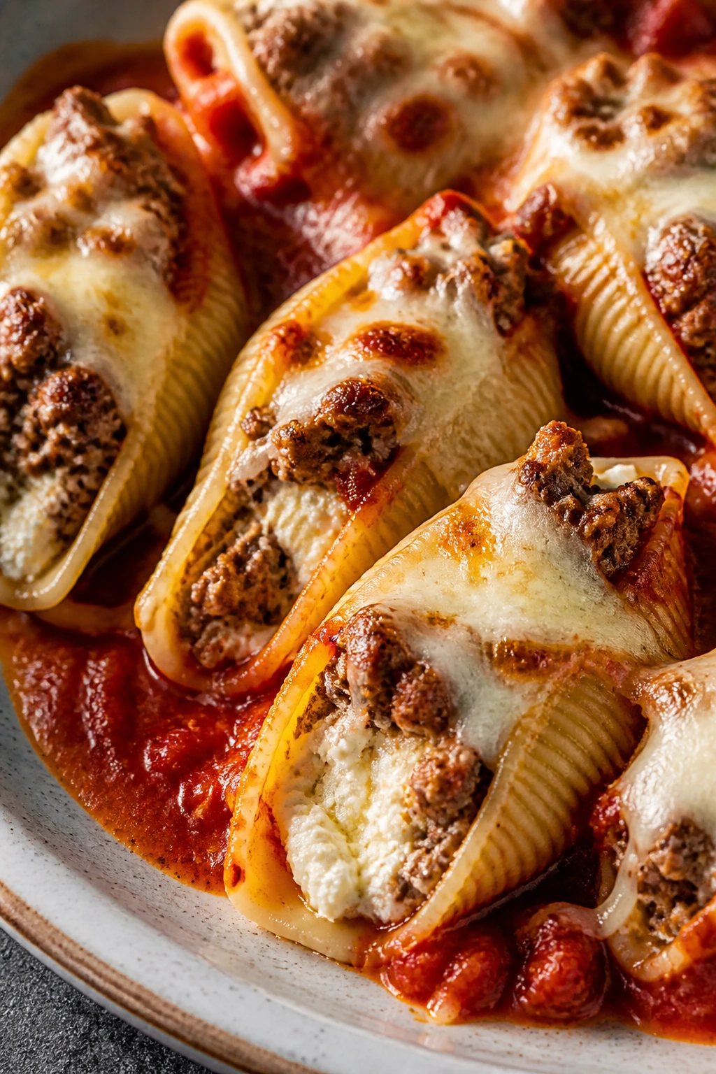 Plate of stuffed shells with beef and sausage, melted mozzarella topping