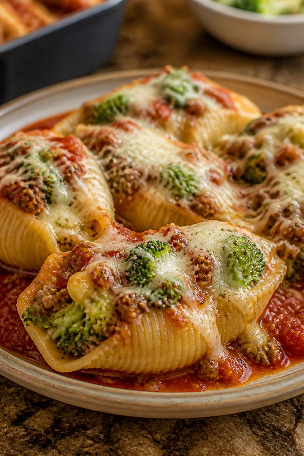 Stuffed shells with broccoli and beef in marinara