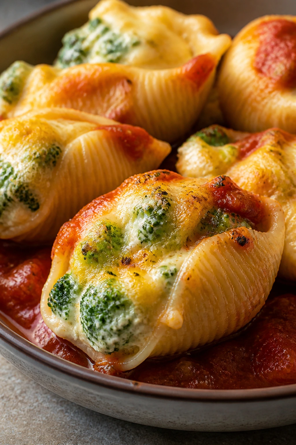 Stuffed shells with broccoli and cheddar on a plate.