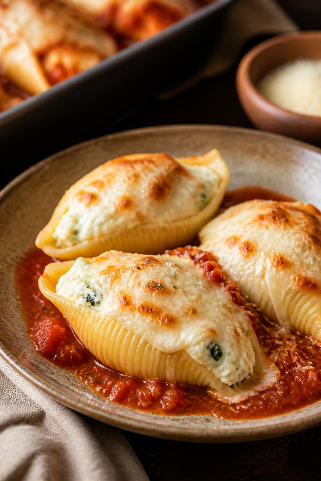 Close-up of three-cheese stuffed shells on a rustic plate with marinara