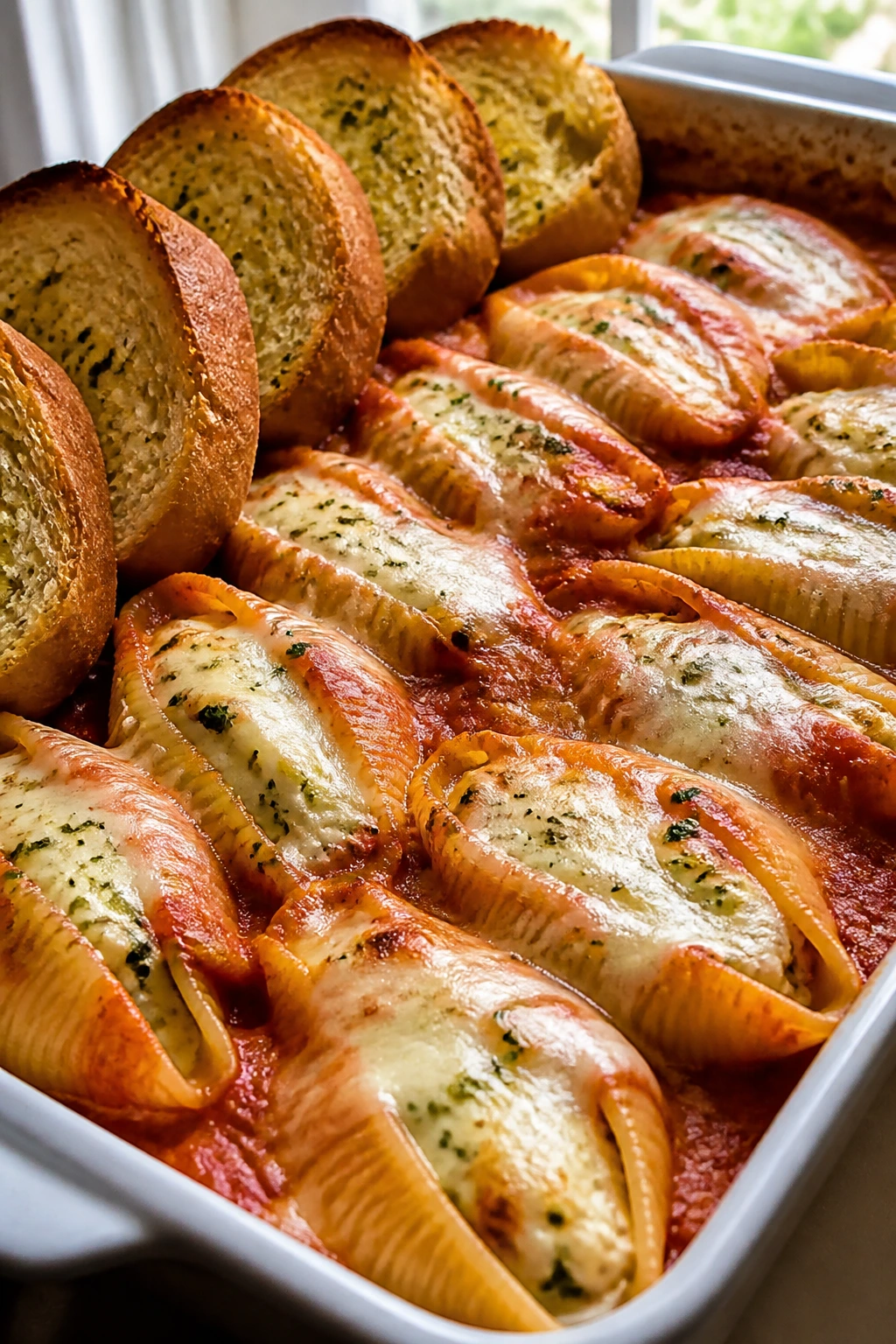 Close-up of stuffed shells with garlic bread in a baking dish