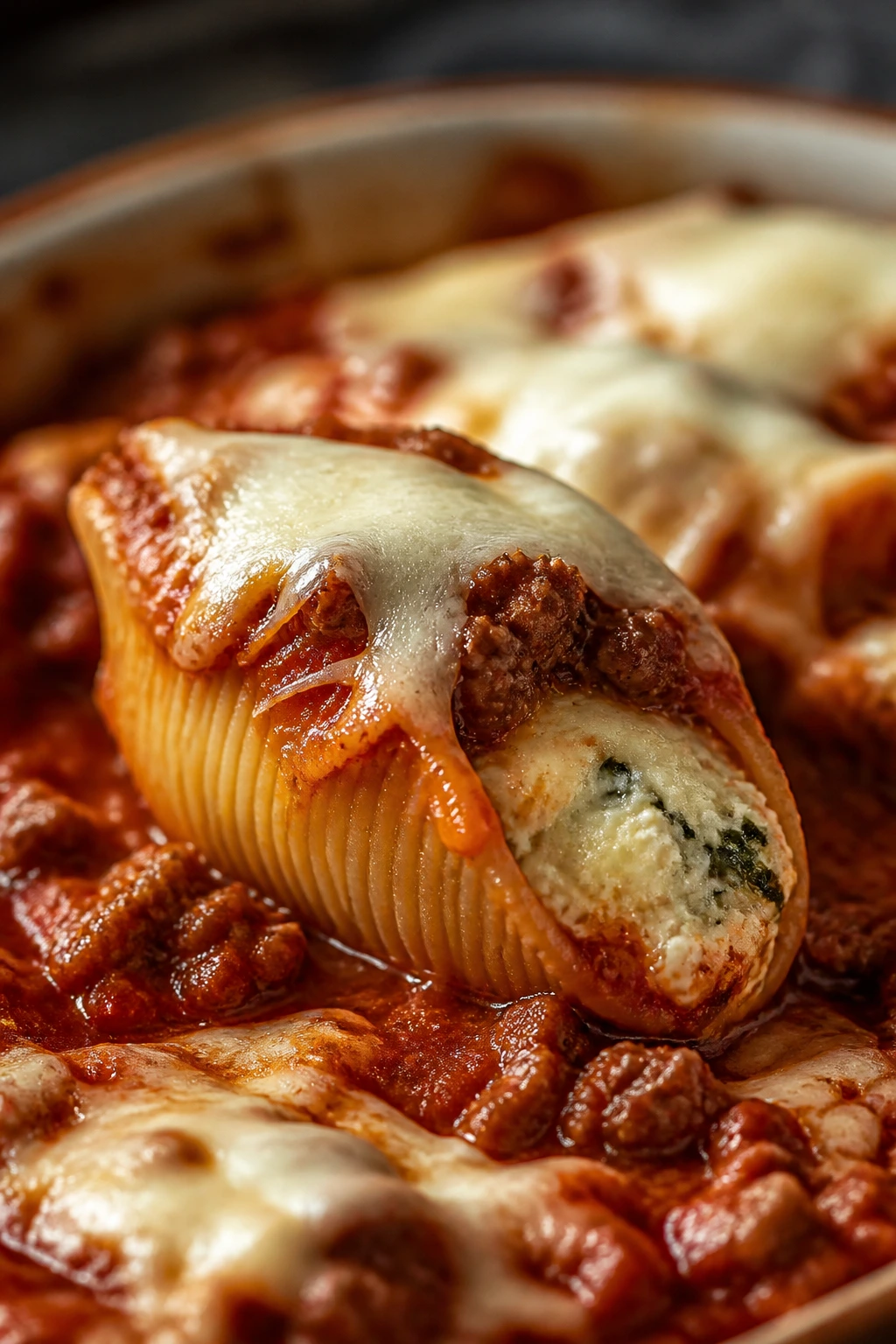 Stuffed Shells with Meat Sauce close-up