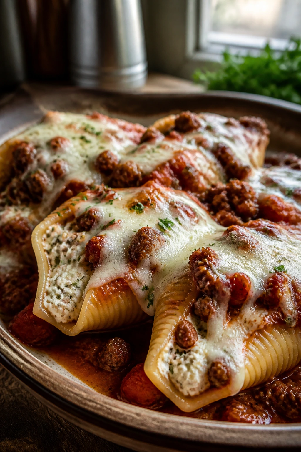 Close-up of stuffed shells with meat sauce on a rustic plate