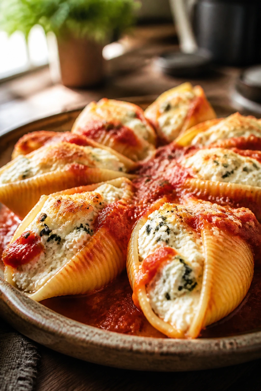 Close-up of ricotta stuffed shells on a plate with marinara sauce