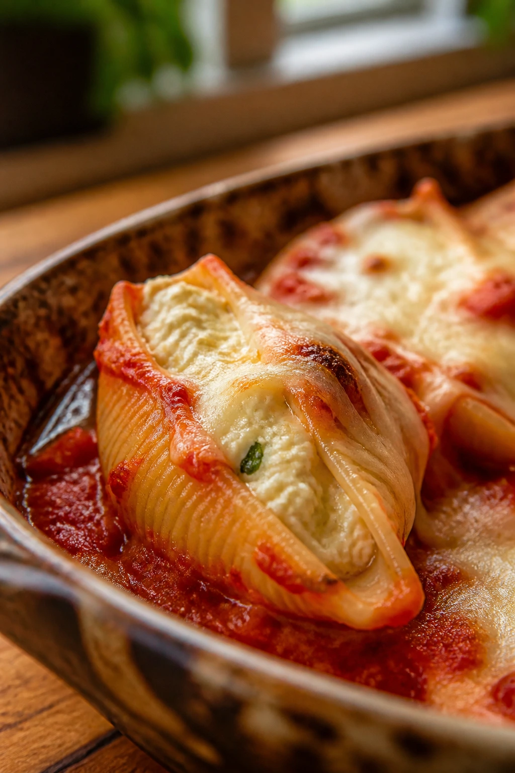 Close-up of a jumbo stuffed shell with ricotta filling in marinara, topped with melted cheese