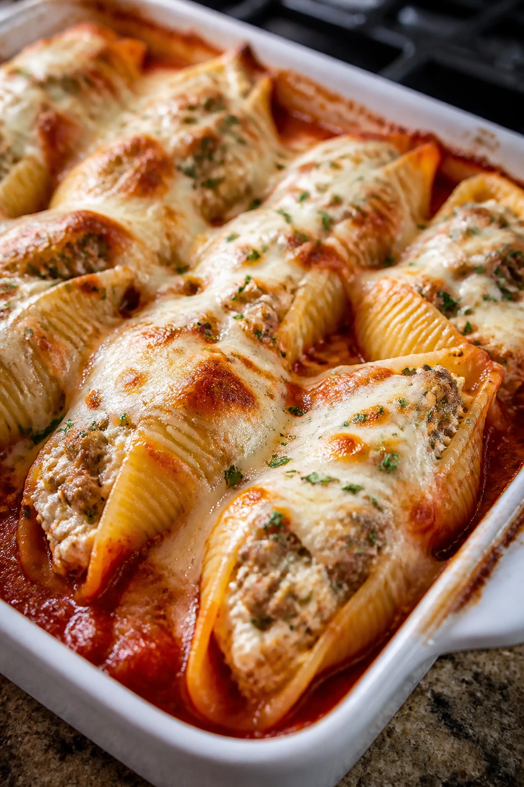 Stuffed shells with sausage ricotta in marinara, topped with mozzarella in a baking dish