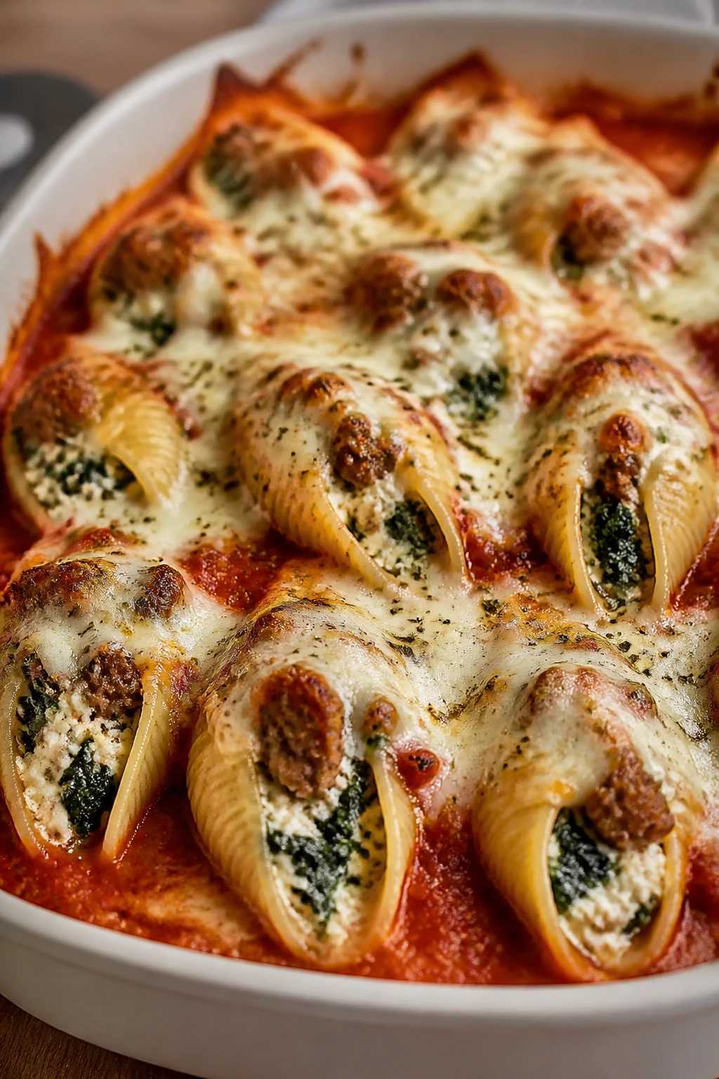 Close-up stuffed shells with sausage and ricotta in marinara
