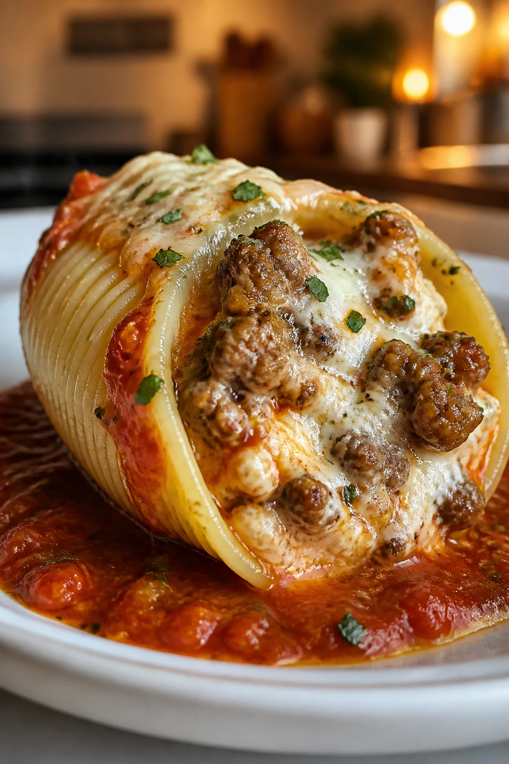 Close-up of a sausage and ricotta stuffed pasta shell on a plate with marinara