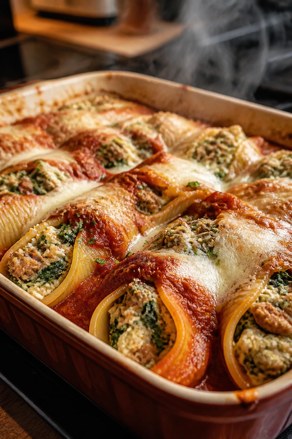 Stuffed shells with sausage and spinach in marinara, cheese on top