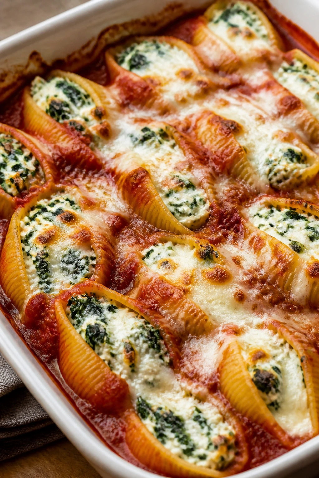 Baking dish of spinach ricotta stuffed shells with marinara and mozzarella