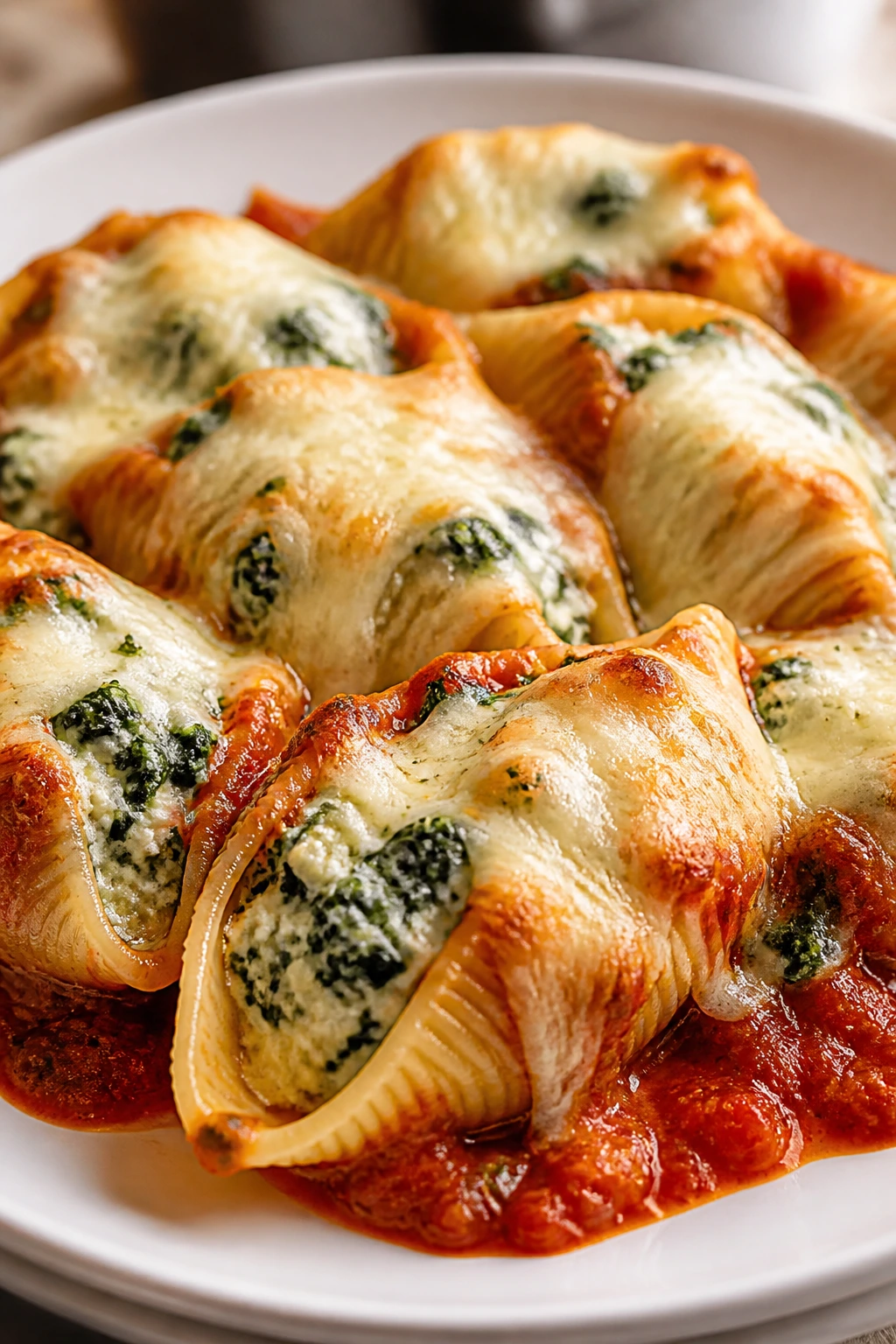 Plate of spinach ricotta stuffed shells with marinara sauce