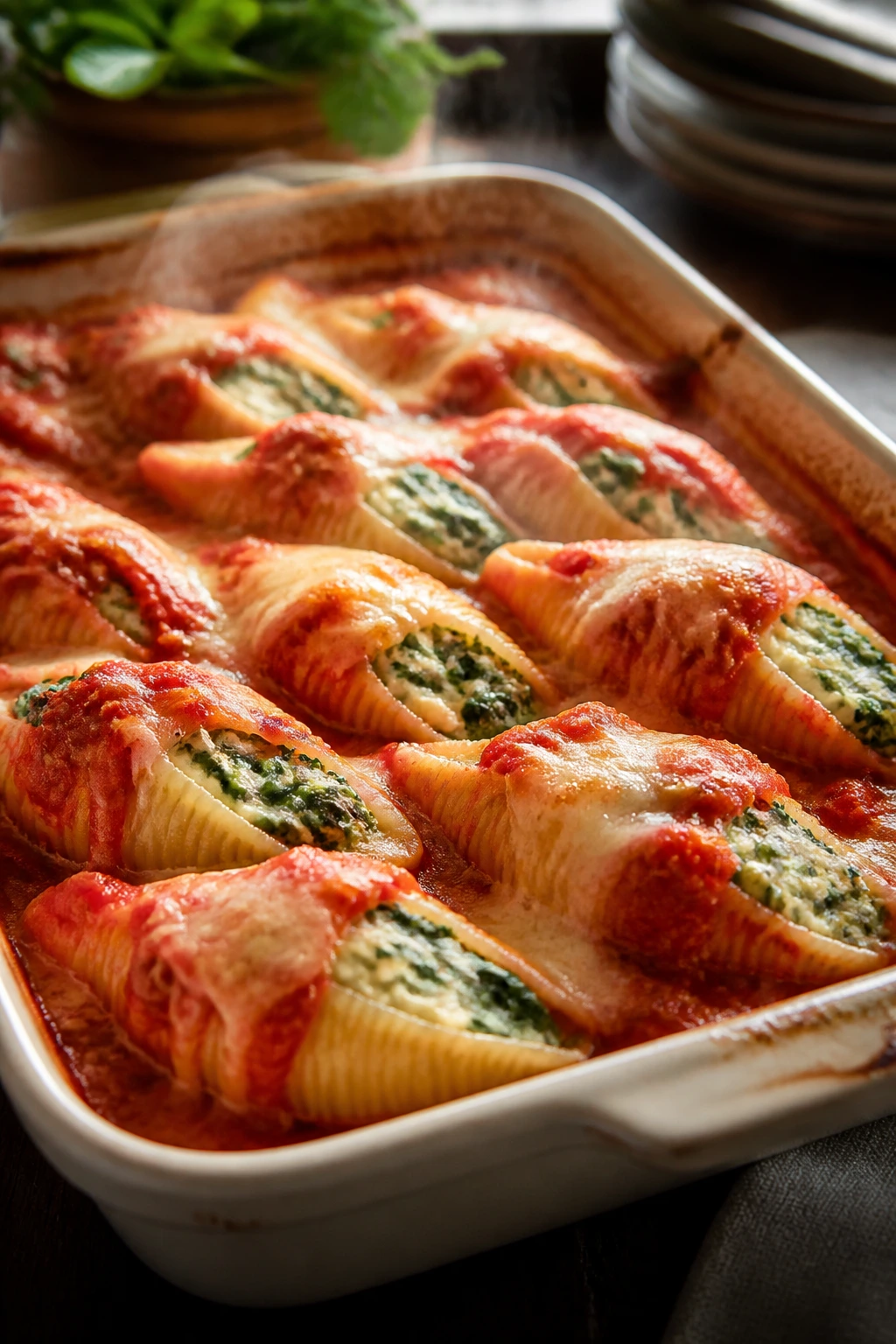 Close-up of spinach ricotta stuffed shells in marinara sauce.