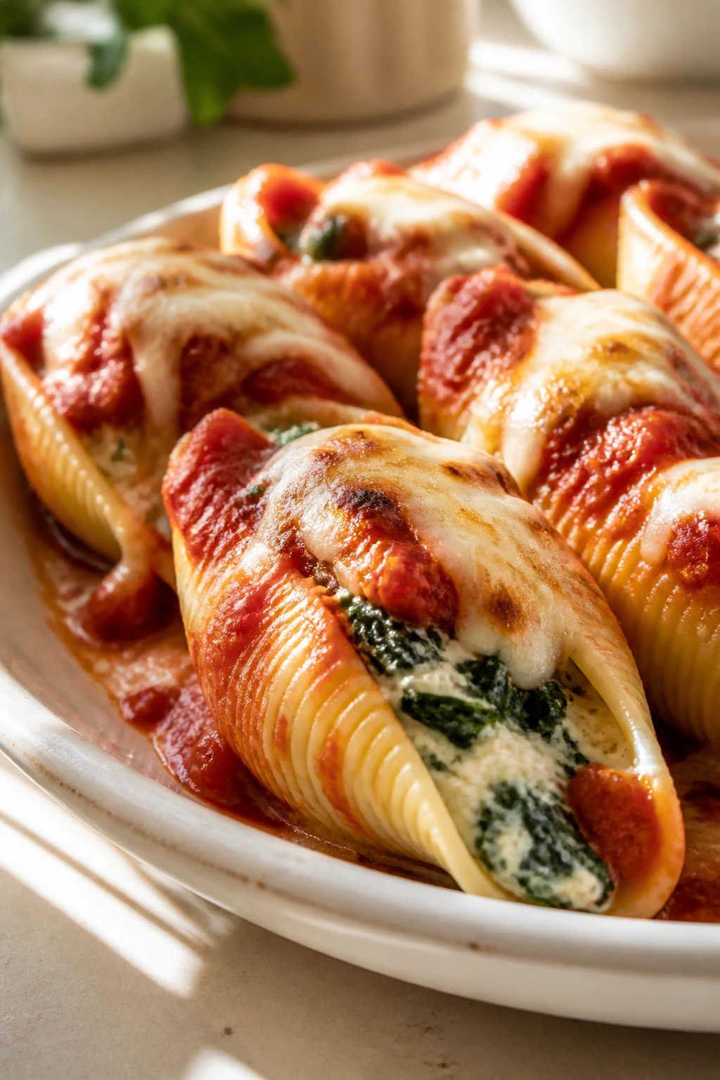 Stuffed pasta shells with spinach ricotta and marinara