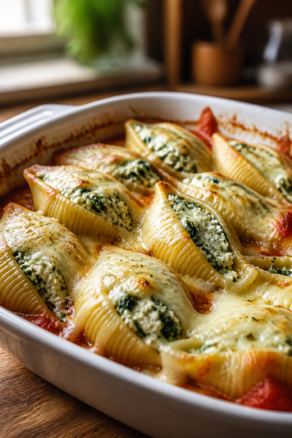 Close-up of spinach and ricotta stuffed shells in a baking dish