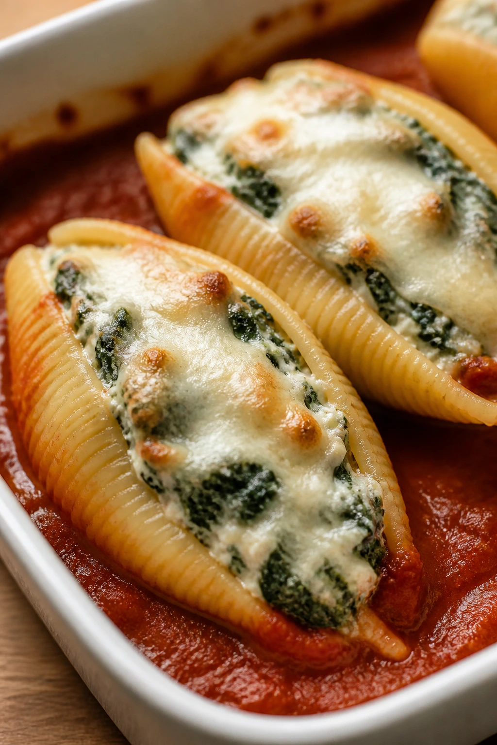 Two spinach ricotta stuffed shells in marinara sauce with mozzarella