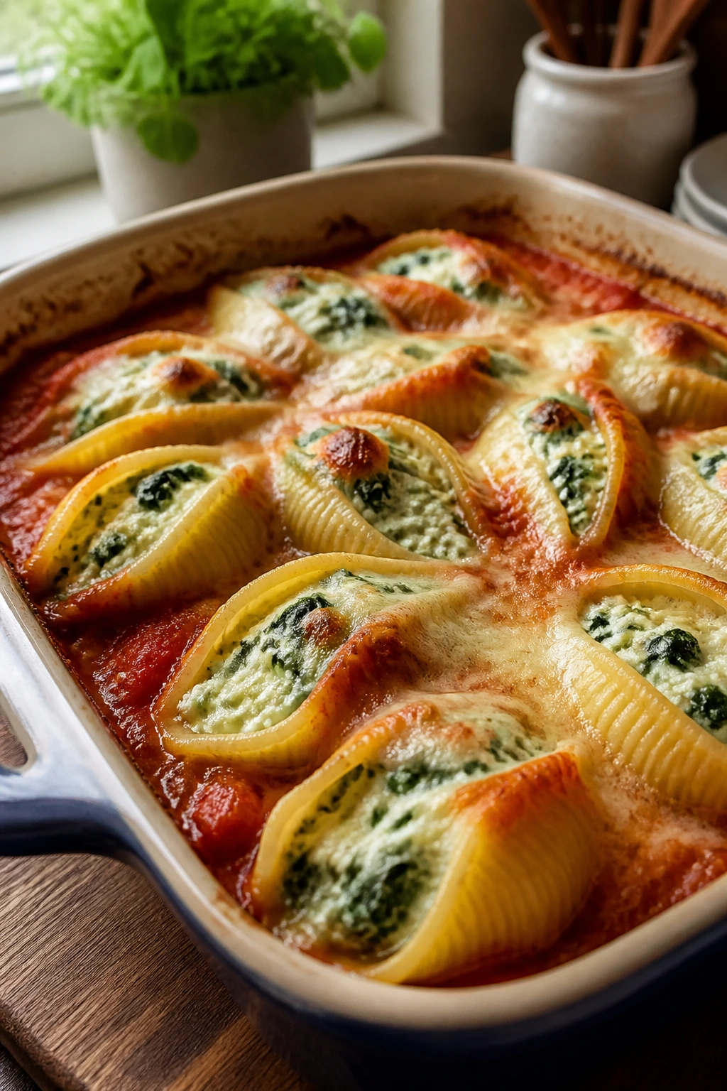 Close-up of stuffed shells with spinach ricotta in bubbling tomato sauce
