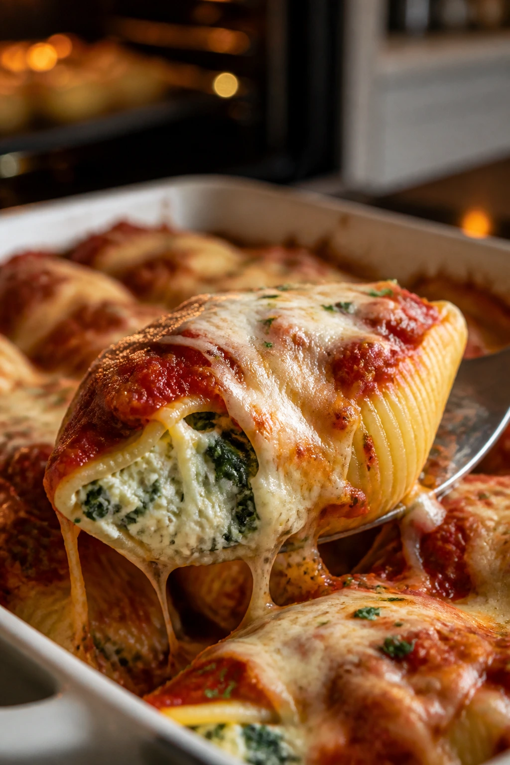 Close-up of spinach ricotta stuffed shells with marinara