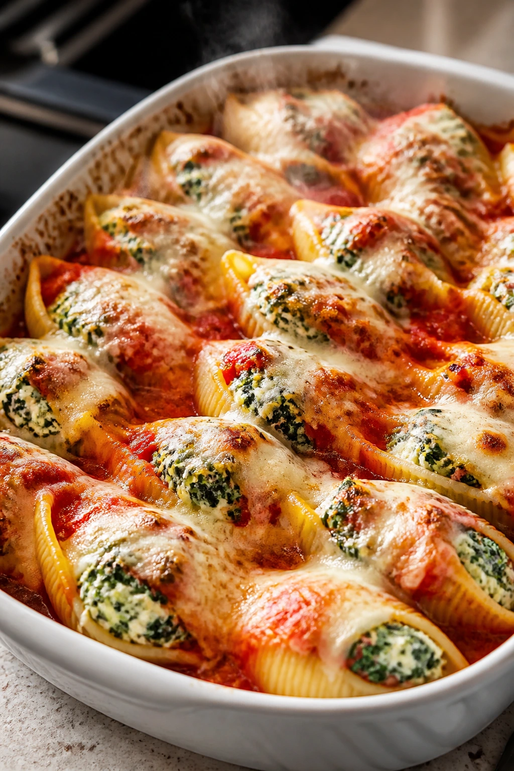 Top-down close-up of spinach and ricotta stuffed shells in a baking dish with melted mozzarella