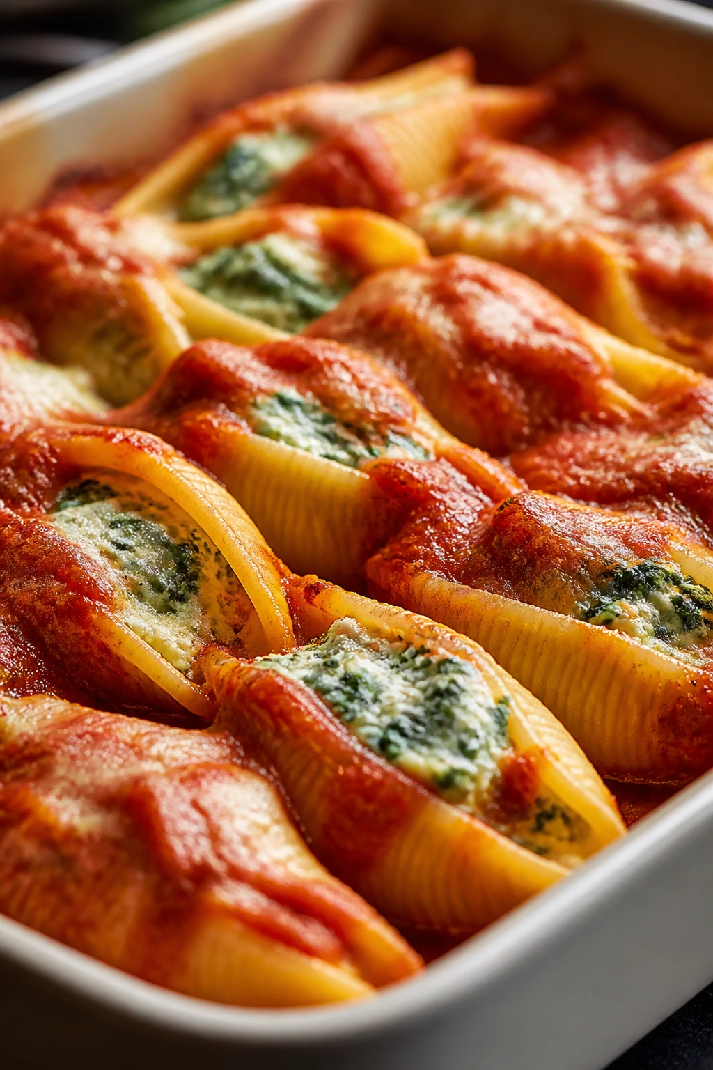 Close-up of spinach ricotta stuffed shells packed in marinara.