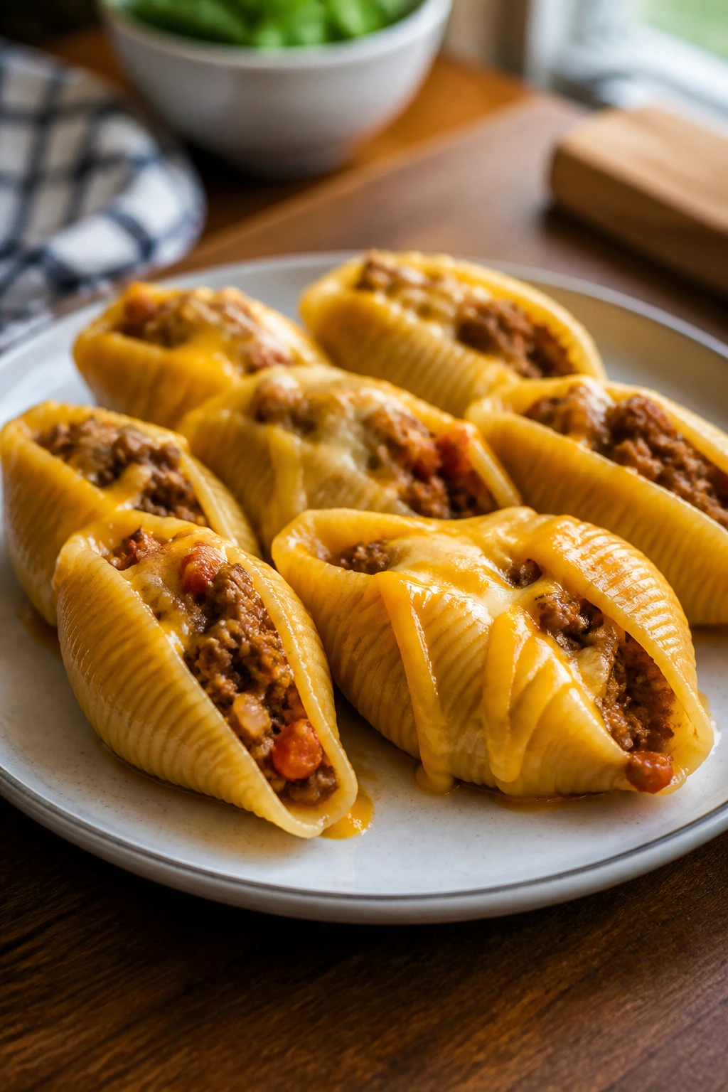 Plate of taco stuffed shells with cheese on a warm kitchen counter
