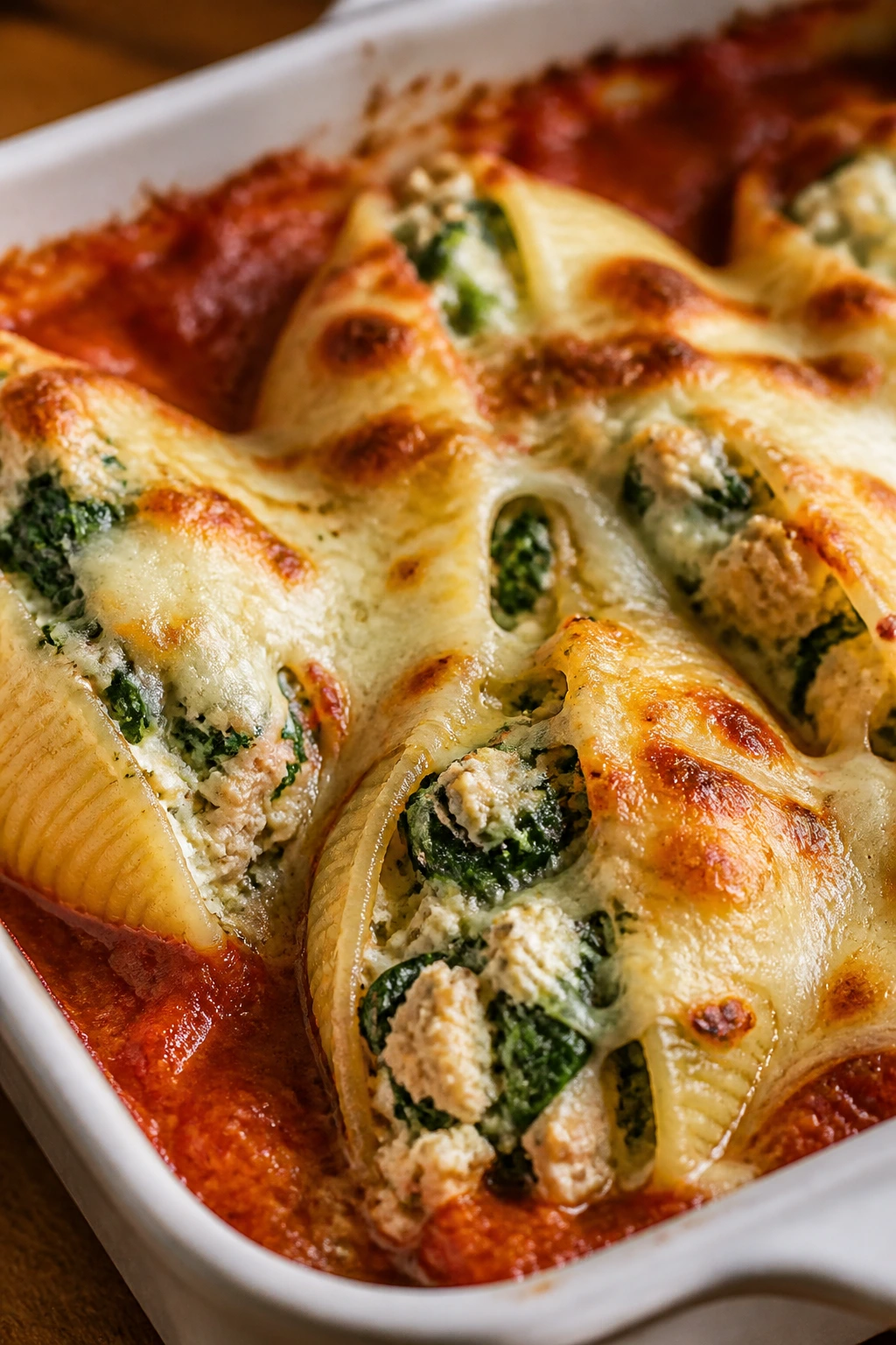 Close-up of ricotta spinach stuffed shells with turkey and marinara sauce.