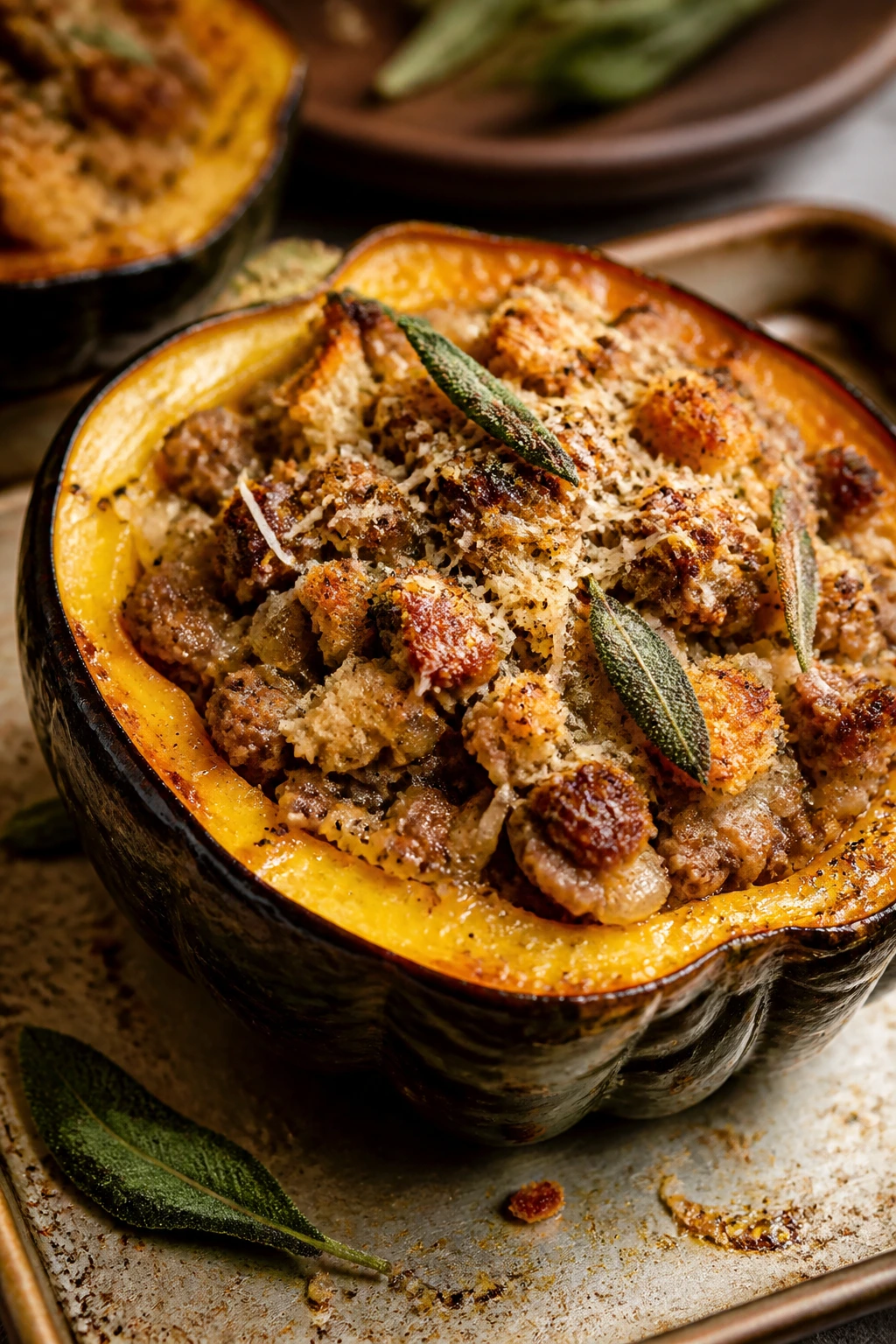 Stuffed acorn squash with sausage and sage in a baking dish