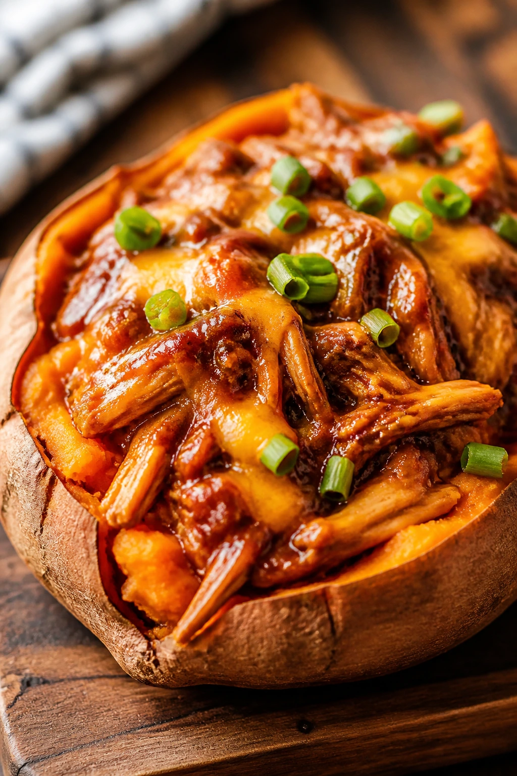 Close-up of BBQ chicken stuffed sweet potato with melted cheese