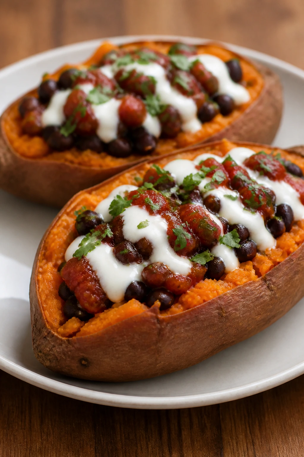 Halved stuffed sweet potatoes with bean filling on a plate