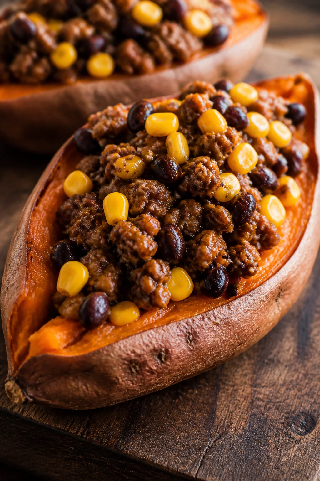 Close-up of Beef, Black Bean, and Corn Stuffed Sweet Potatoes showing stuffed potato halves