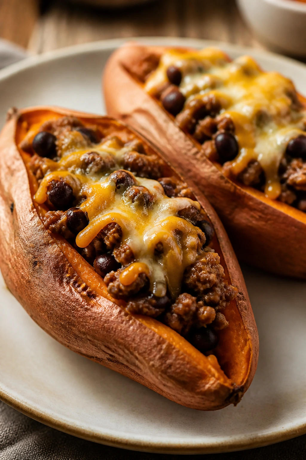 Beef and black bean stuffed sweet potatoes on a plate