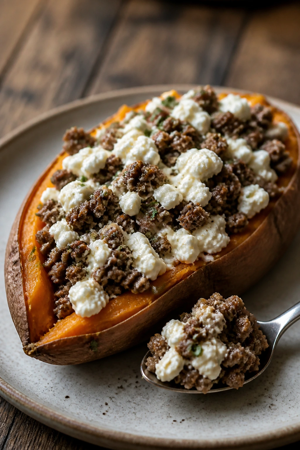 Stuffed sweet potato with beef and cottage cheese filling