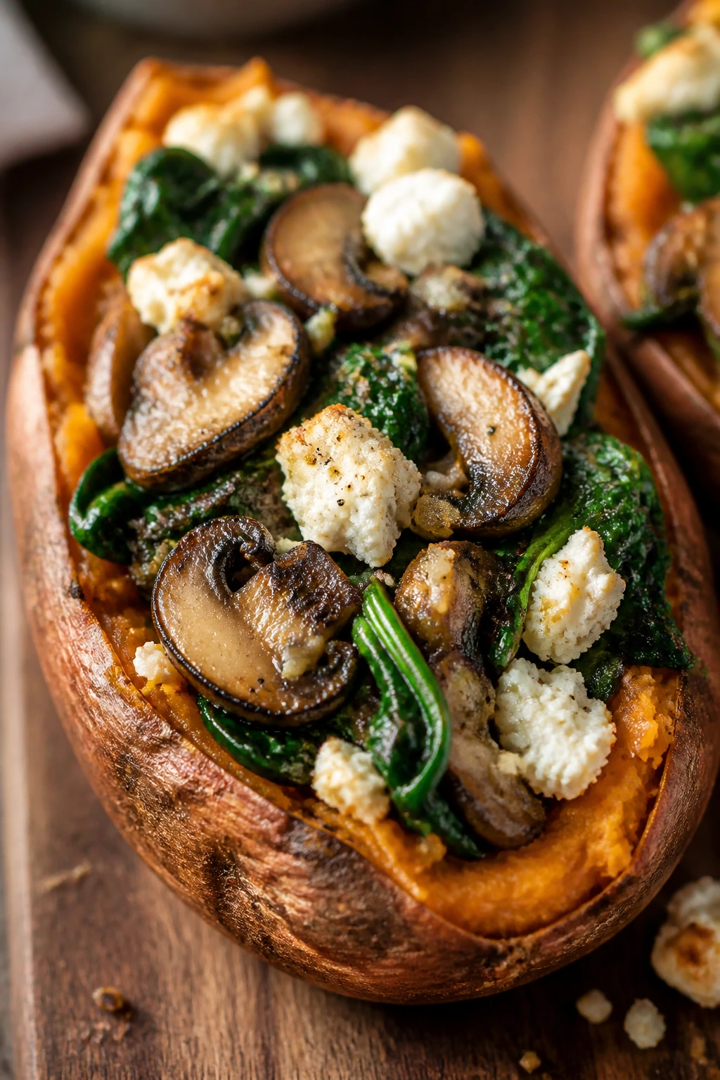 Stuffed sweet potato with garlic mushrooms spinach and goat cheese