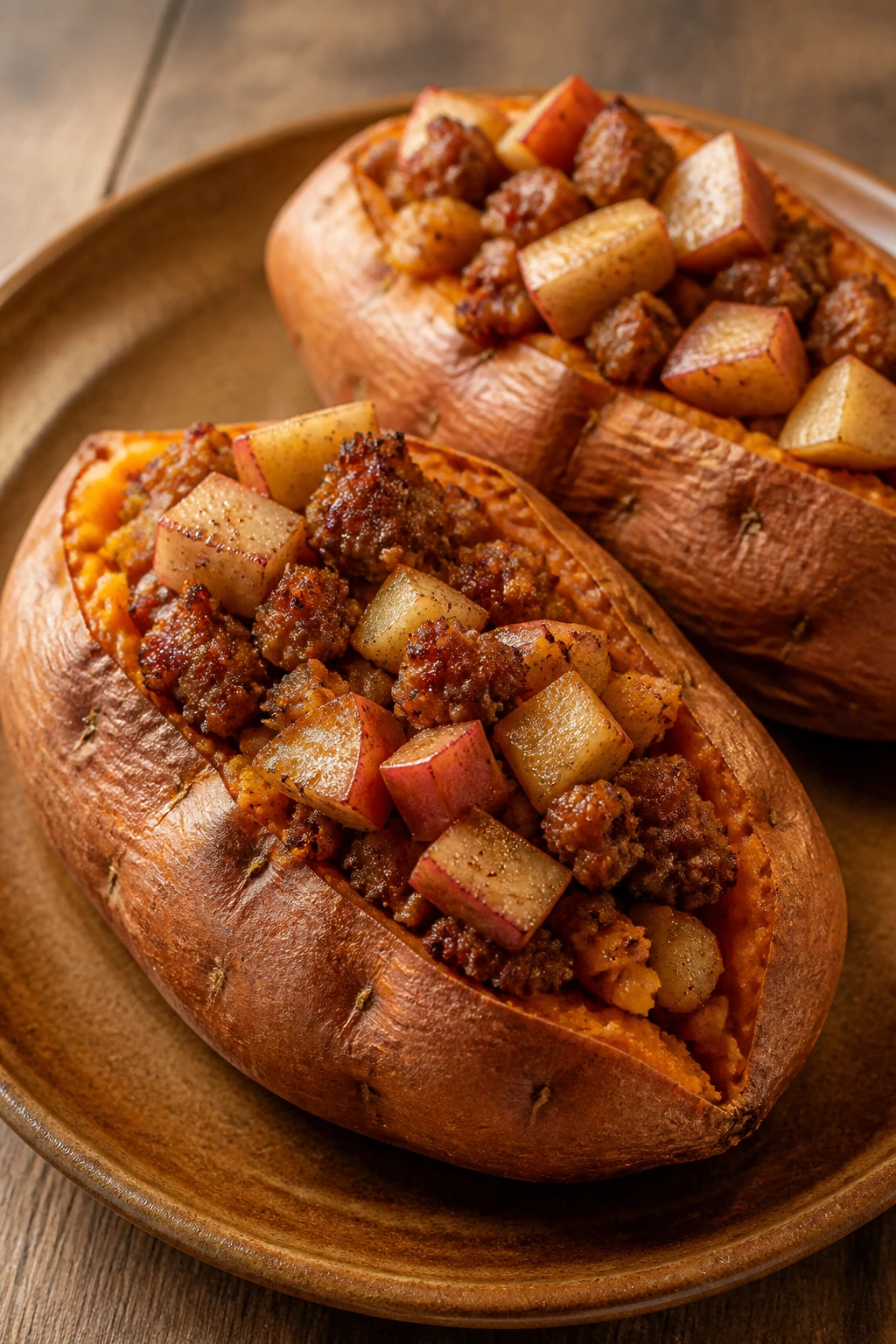 Close-up of stuffed sweet potatoes with sausage and apple
