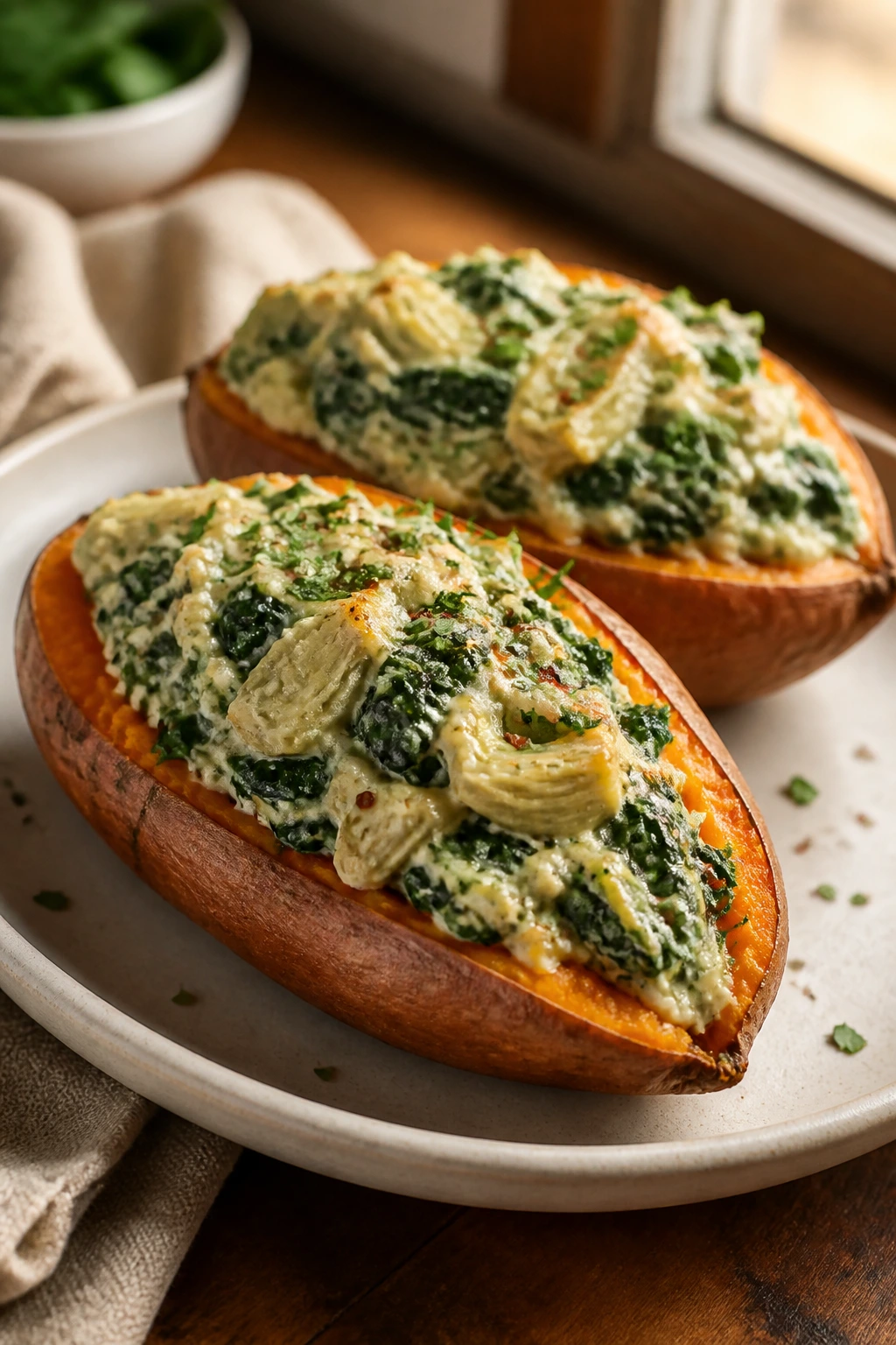 Halved stuffed sweet potato with spinach-artichoke filling