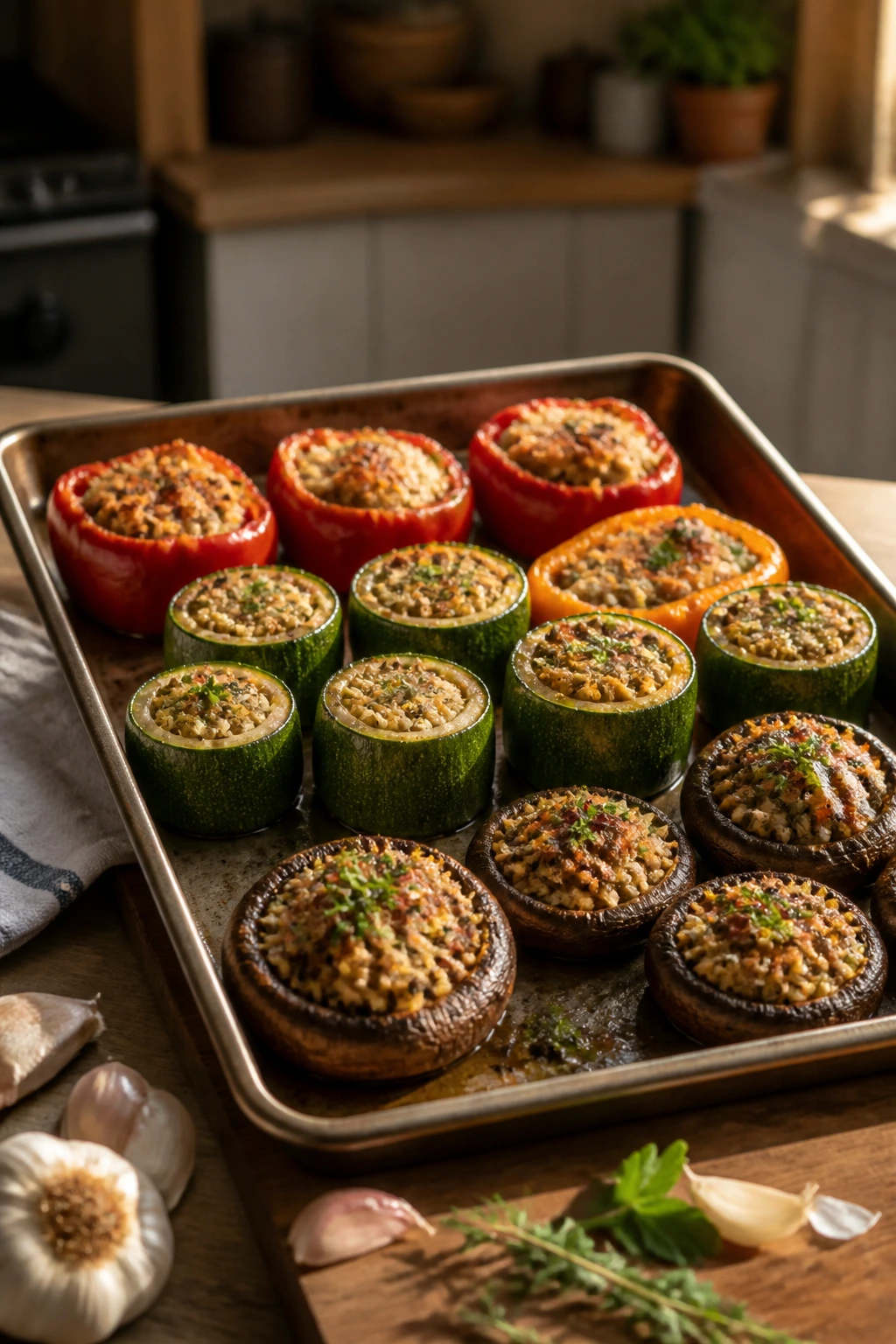 Baking sheet with properly roasted stuffed veggies avoiding watery filling