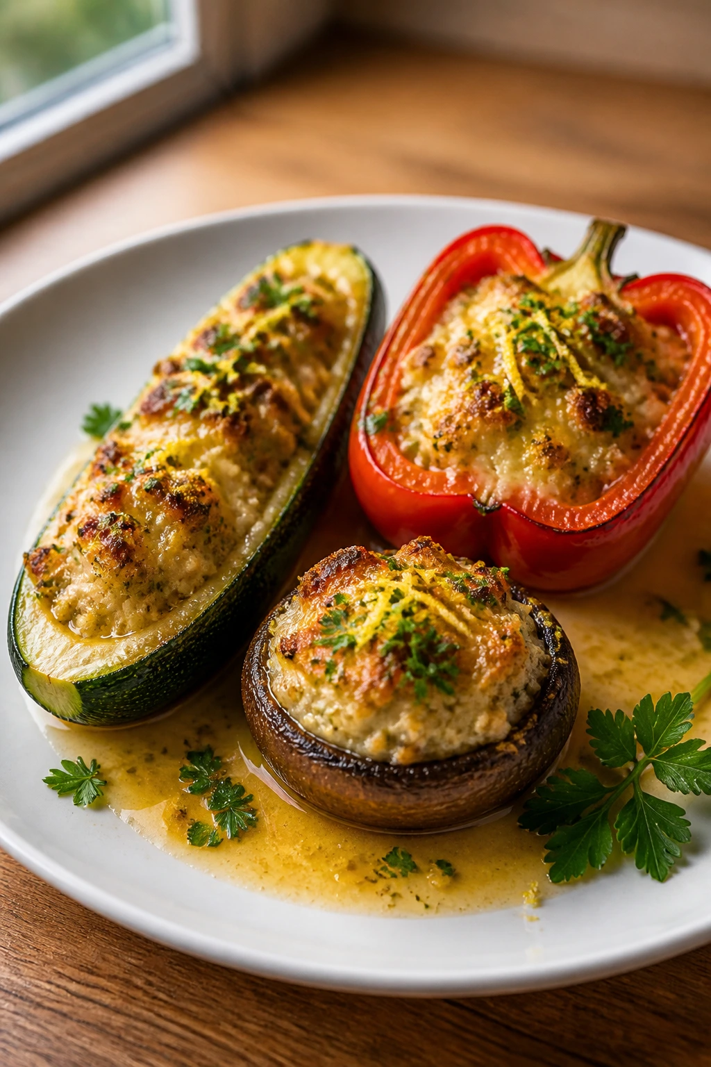 Close-up of a plated stuffed veggie trio: zucchini half, pepper half, mushroom cap with minimal juices and parsley