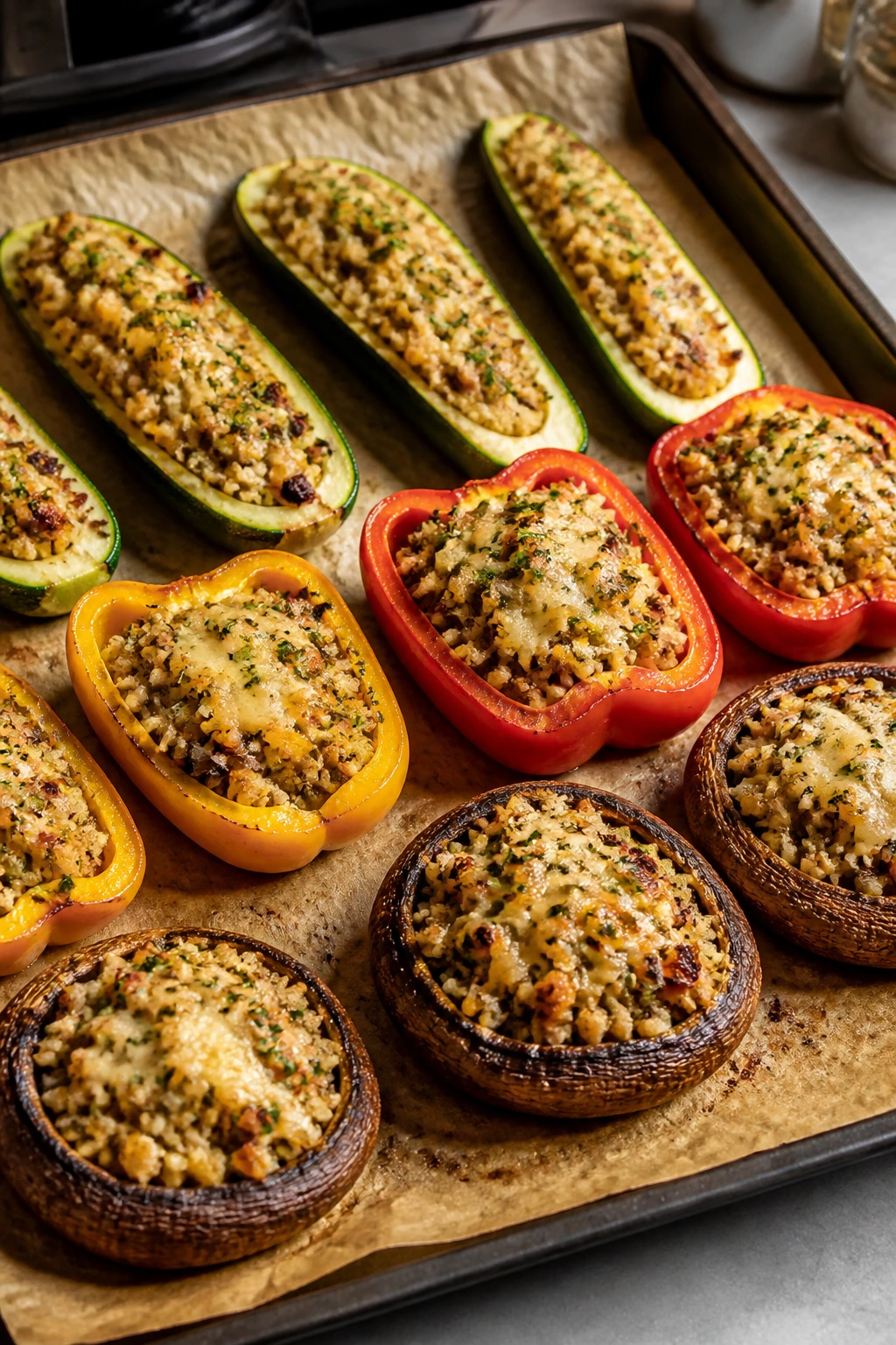 Roasted stuffed vegetables on a parchment-lined sheet pan
