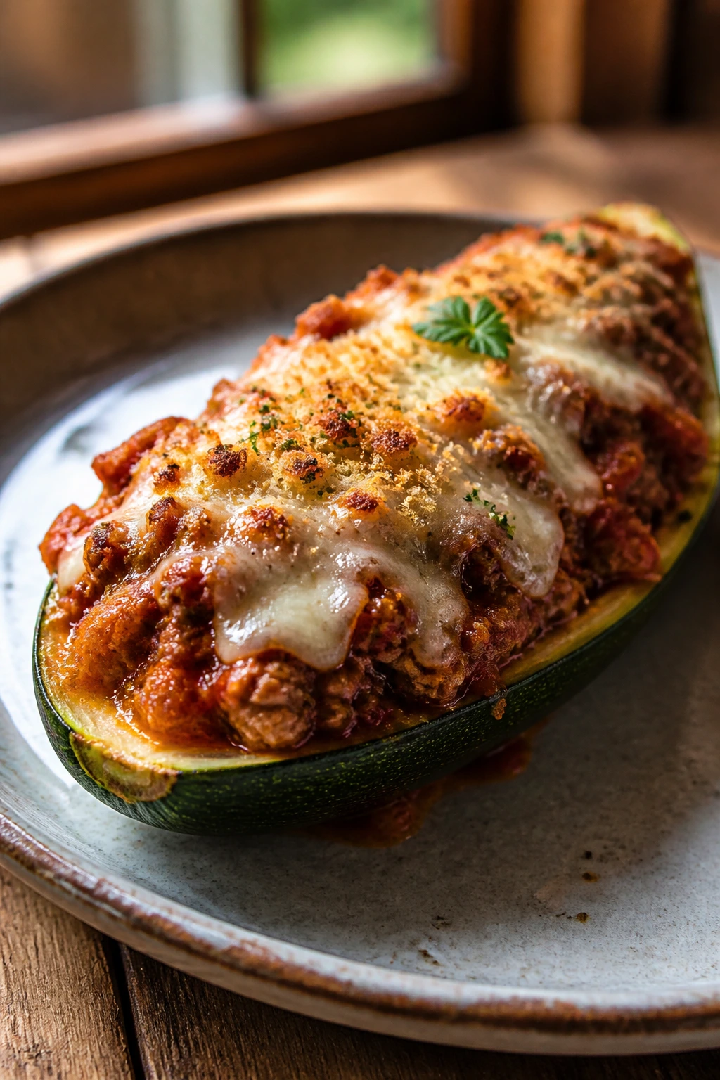 Close-up of stuffed zucchini boat with beef filling and melted cheese on a rustic plate