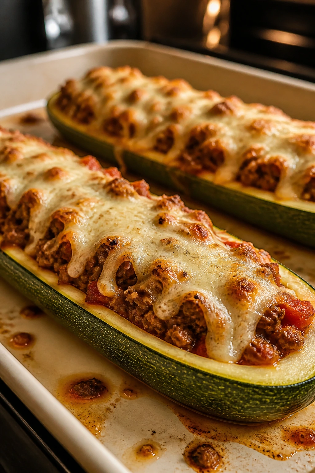 Close-up of stuffed zucchini boats with beef filling and mozzarella.