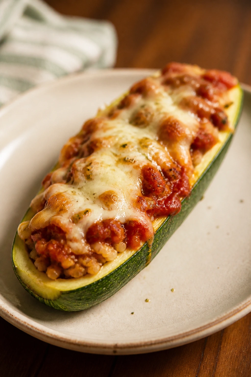 Stuffed zucchini boat with marinara and cheese on plate
