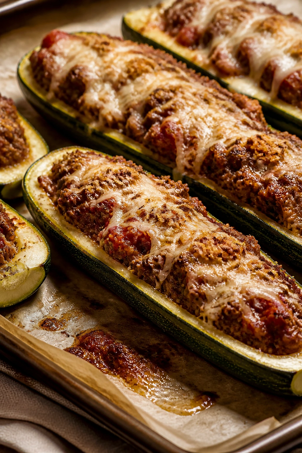 Close-up of zucchini boats stuffed with beef and topped with Parmesan.