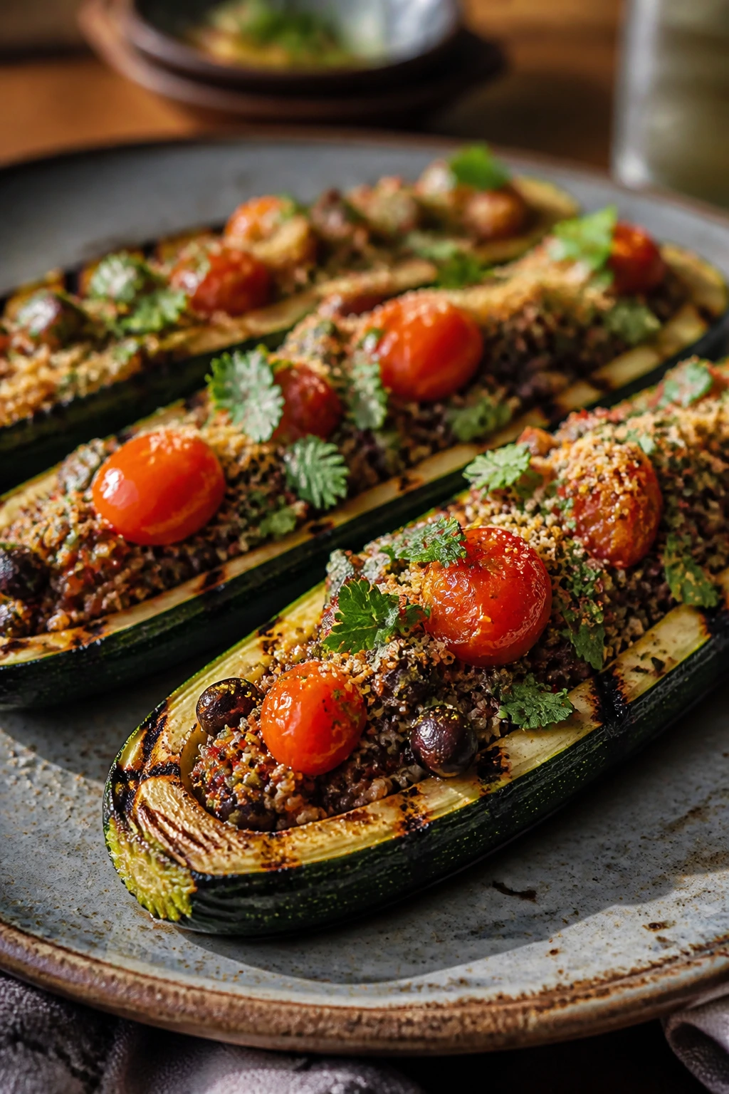 Stuffed zucchini boats with quinoa filling on plate