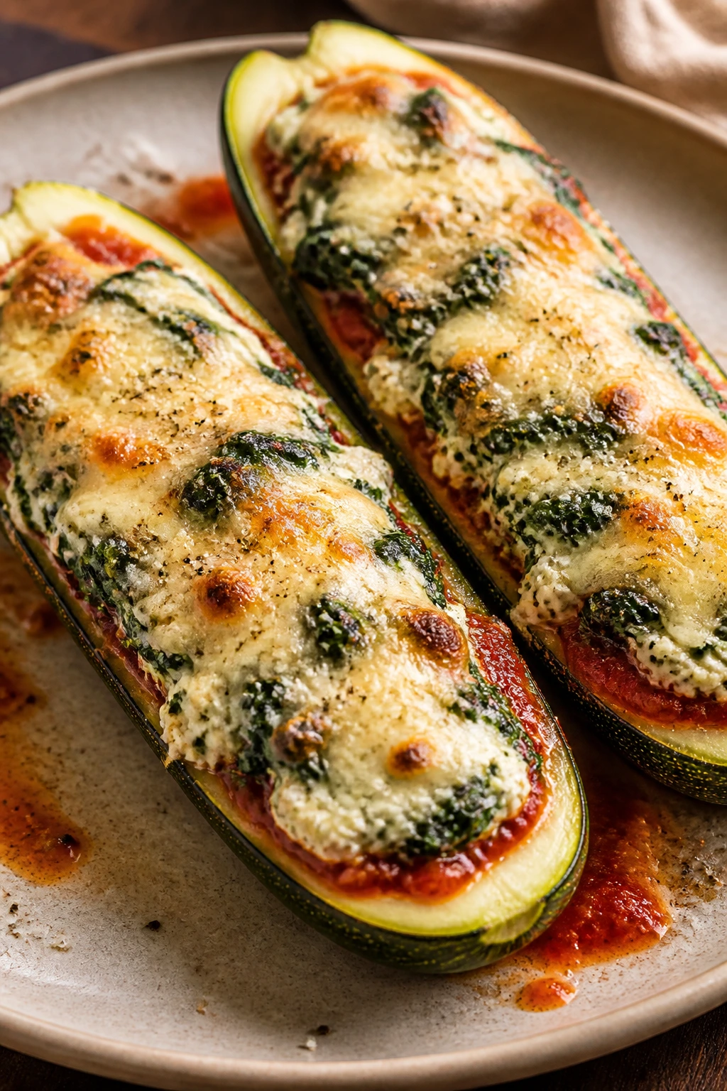 Close-up of stuffed zucchini boats with ricotta and spinach on a plate