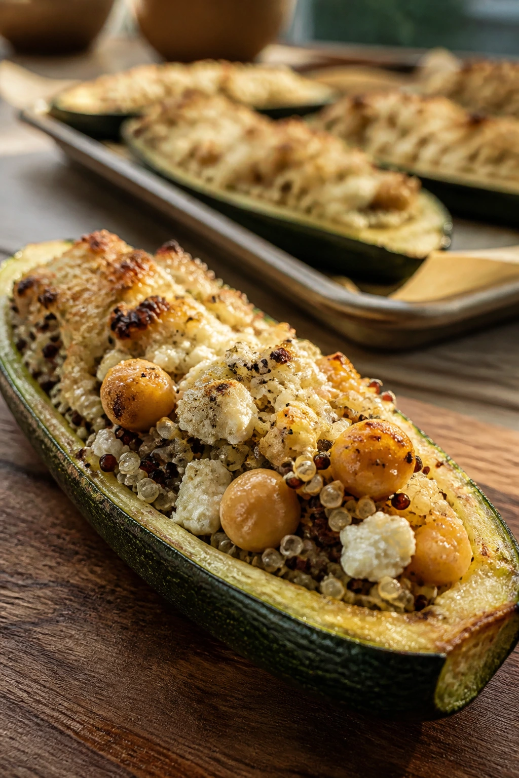 Close-up of a zucchini boat stuffed with quinoa, chickpeas, feta and Parmesan