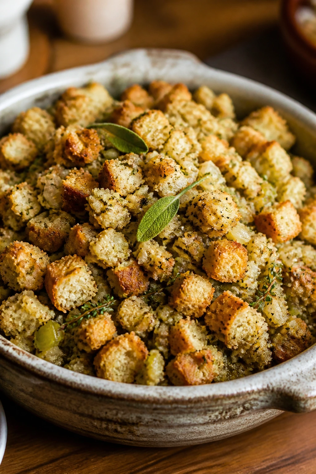 Close-up of soft herbed stuffing in a rustic dish