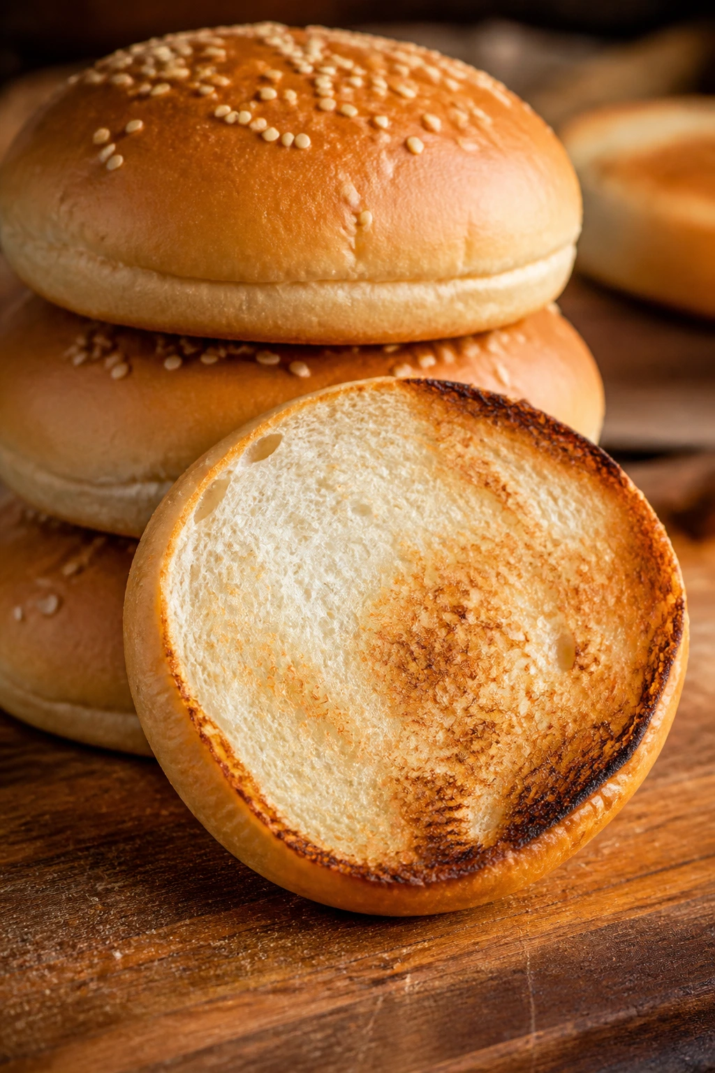 Toasted sturdy hamburger bun with soft interior