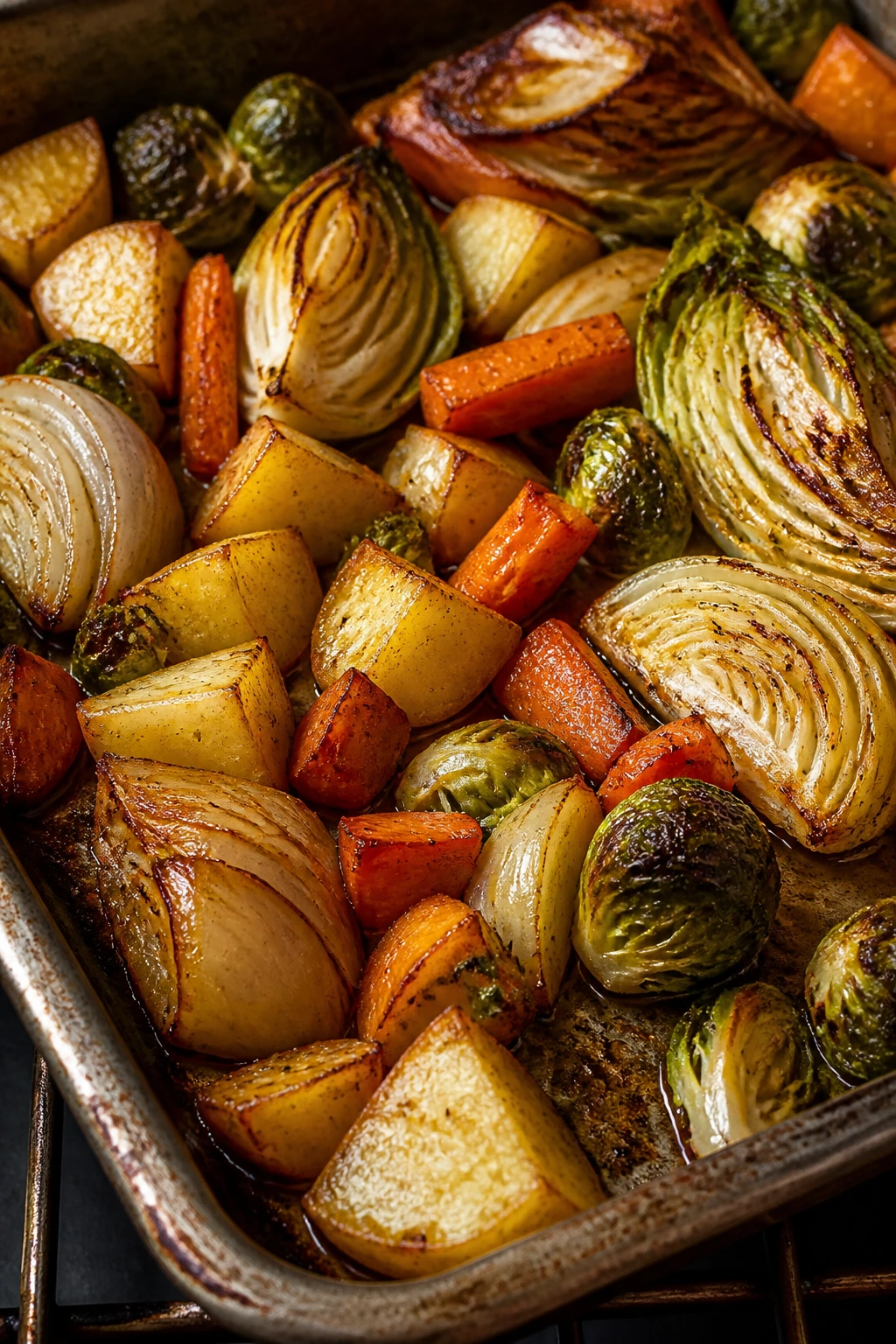 Close-up of roasted sturdy vegetables with caramelization
